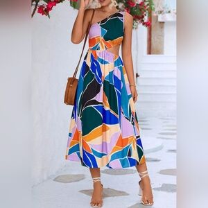 Multicolor Abstract Side Cut Out One Shoulder Summer Dress Multiple Size's L, XL